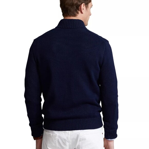 NWT Polo Ralph Lauren Men's Large Cotton Navy 1/4 Zip Knit Sweater Ribbed Collar - Picture 2 of 8
